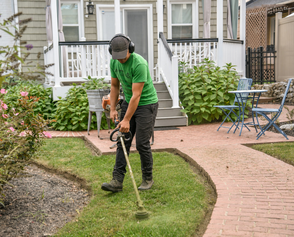 E&D Landscaping Services crew member trimming a residential yard